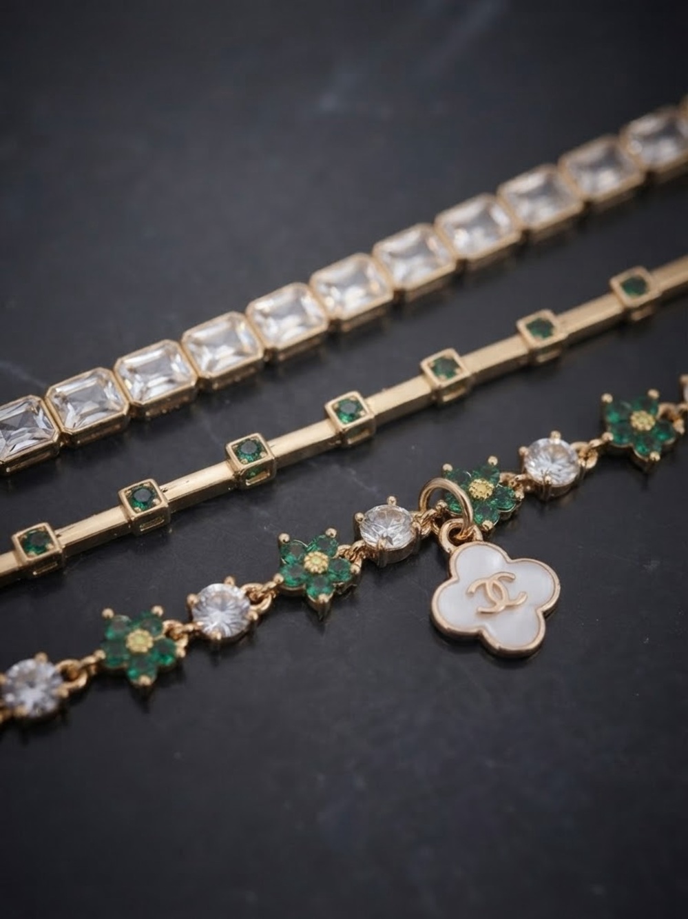 Gold-Plated White CC Clover Charm and Emerald Crystal Bracelet Set